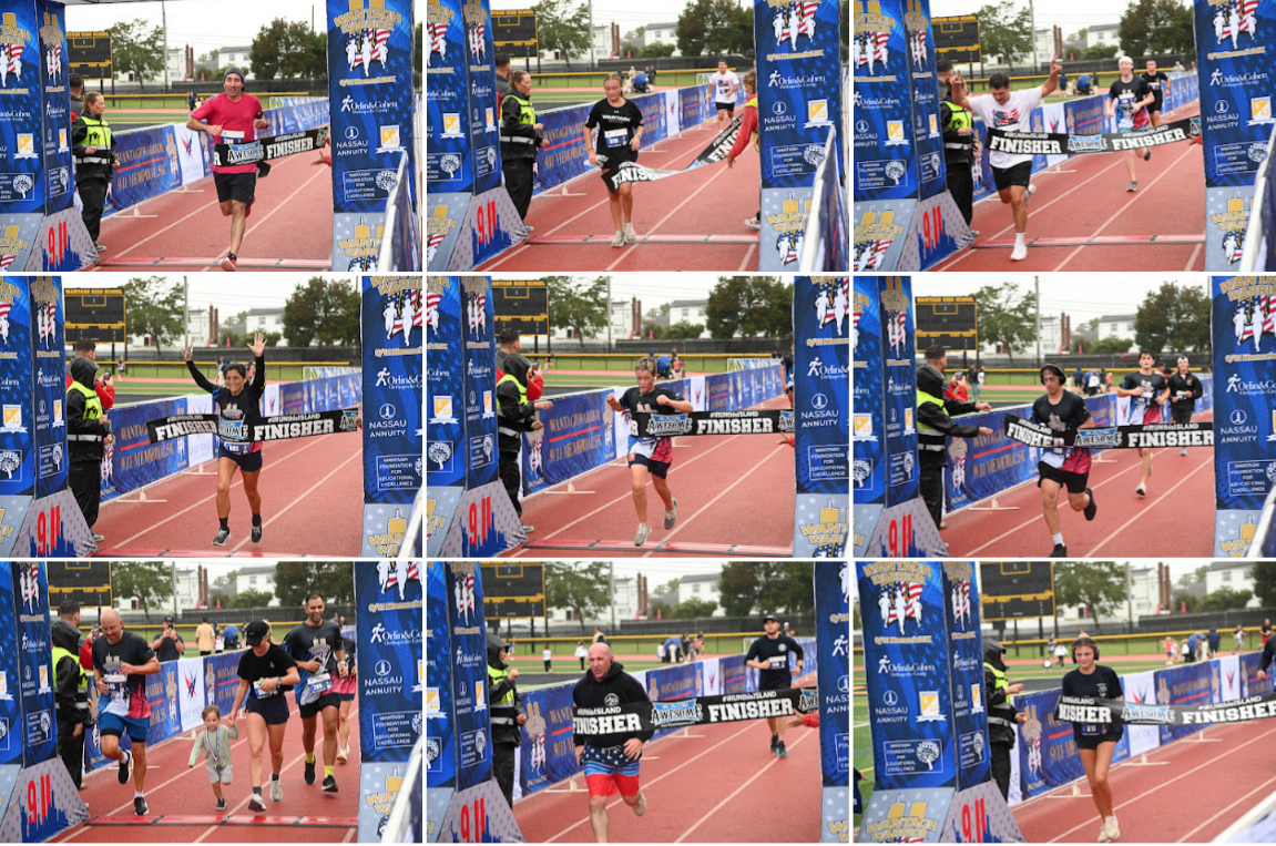 A composite image displays a sequence of runners crossing the finish line at an athletic event.